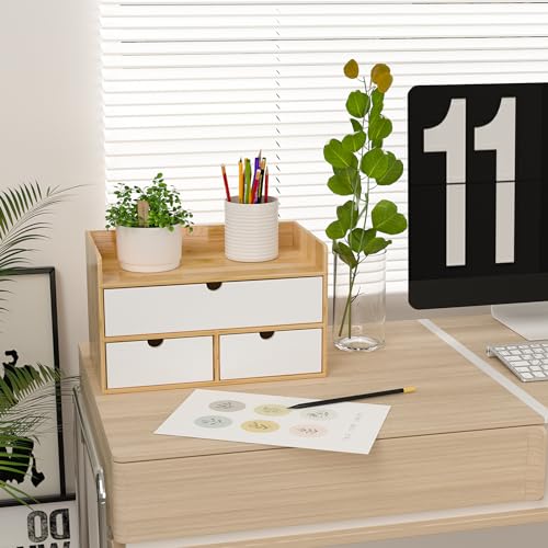 Desk Organizer with Drawers - Bamboo Desktop Organizer Storage | Natural-White Wood Desk Drawers Organizer for Bills, Office Supplies, Cosmetics, Seals No Assembly Required - color: 2 Natural-White, size: 13”L x 6.6”W x7.87”H