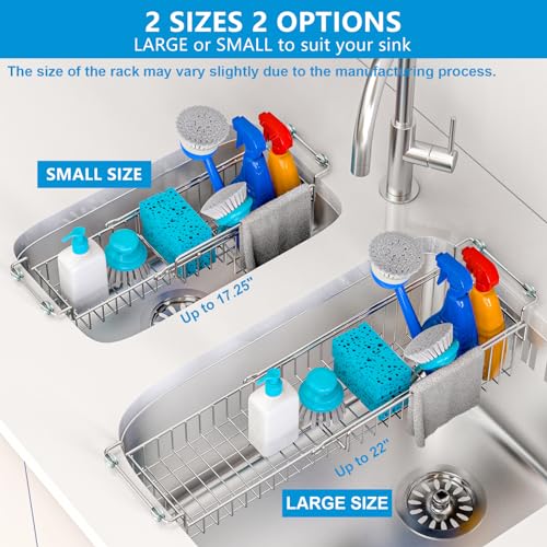 Over The Kitchen Sink Caddy Sponge Holder Organizer Drying Rack Expandable for Sponge Brush Soap Dish Cloth Rag, Stainless Steel (12.25" to 17.25") - size: 12.25" to 17.25"