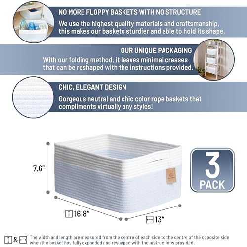 NaturalCozy Storage Baskets 16.8”x13”x7.6” Cotton Rope Woven Baskets for Organizing 3-Pack | Toy Storage Bins | Basket for Shelves, Laundry, Blanket, Clothes, Closet, Kitchen, Bathroom, Gifts - color: Off White & Mixed Blue