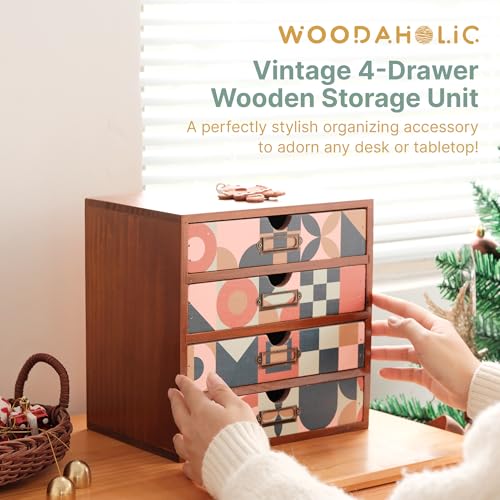 Mid-Century Modern Geometric Pattern Desk Organizer - Earth Tone Desktop Storage with 4-Drawer - Retro Modern Wood Cabinet for Office Supplies, Craft Tools, & Home Organization - MCM Drawer Unit - color: MCM Earthtone Grid