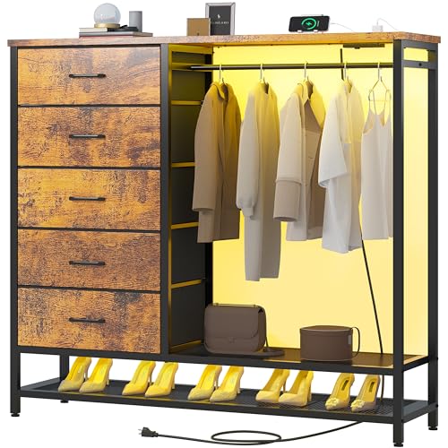 Dresser for Bedroom, Dresser with Hanging Rack Led Lights and Charging Station, Bedroom Dresser with 5 Fabric Chest of Drawers with PU Finish Storage Organizer, for Living Room Hallway Closet, Brown - color: Brown