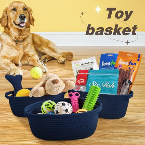 Pro Goleem Small Woven Basket with Gift Bags and Ribbons Durable Baskets for Gifts Empty Small Rope Basket for Storage 12"X 8" X 5" Baby Toy Baskets with Handles, Navy Blue - color: navy blue
