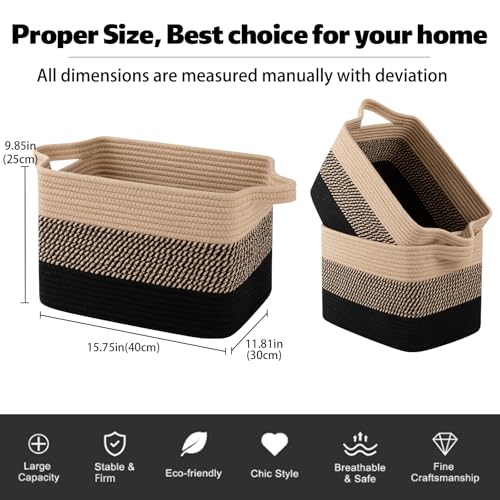 OIAHOMY Woven Storage Basket, Cotton Rope Baskets for Toys,Towel, Clothes, Used to Bathroom,Living Room,Nursery,Bedroom, 16"x12"x10"- Pack of 3, Black & Brown - color: Black & Brown, size: 3 pcs-16”x12”x10”