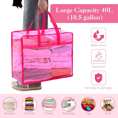 4 Pcs PVC Transparent Zippered Storage Bags Closet Organizers and Plastic Duffel Bags with Reinforced Handle for Bedding Clothing Comforters Pillows(Rose Red)