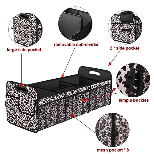 Femuar Collapsible Trunk Organizer - 90L Large Capacity with 15 Pockets, Waterproof for SUV/Car/Jeep/Sedan, Extra Large Leopard Print - color: Leopard print, size: Extra Large