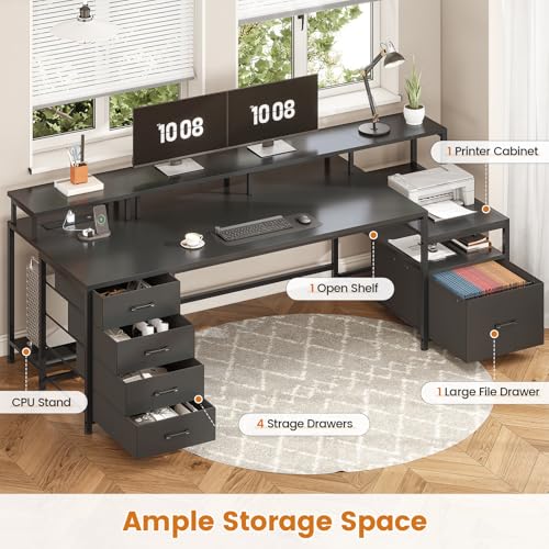 SEDETA 75'' Computer Desk with 5 Drawer, Power Outlet & Led Lights, Home Office Desk with File Drawer, Storage Shelves, Printer Cabinet and Monitor Shelf, 23.6" W Large Desktop Gaming Desk, Black - color: Black, size: 75X23.6inch