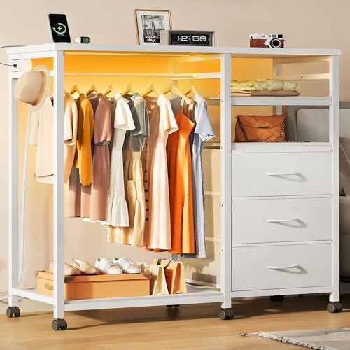 WLIVE White Dresser with Hanging Rack for Bedroom, 3 Drawer Dresser with LED Lights & Charging Station, Fabric Dressers & Chest of Drawers, Storage Organizer with Open Shelves for Living Room - color: White