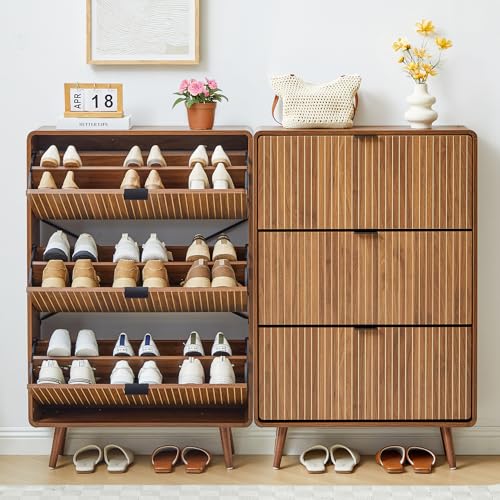 FurSch Fluted 47 Inch Tall Shoe Cabinet with 3 Flip Drawers, Narrow Hidden Shoe Storage Organizer Rack for Entryway Hallway (All Walnut) - color: All Walnut