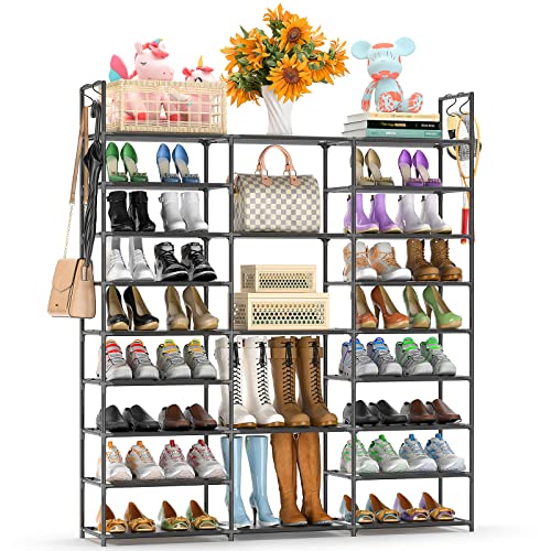 Kottwca Shoe Rack Organizer, Large Shoe Rack for Entryway Closet, Metal Shoe Shelf for Shoes and Boots, Big Non-Woven Fabric Shoe Storage Organizer with Hooks for Cloakroom, Black… - size: 3 Row 9 Tier-1