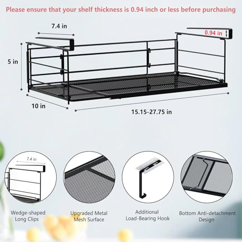 Expandable Under Cabinet Shelf, Extendable Under Shelf Storage with Removable Wire-Like Back for Pantry Cabinet, Laundry Room, Shoe Rack. (Black, 2 Pack, Interior: 5" H x 10" D) - color: Black-5"h X 10"d-0.94" Thick Clip, size: 2 Pack