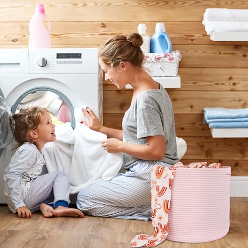 XUANGUO Cotton Rope Basket For Girls Kids 16”X14” Baby Laundry Baskets Nursery Bin Round Woven Basket Organizer For Storage Toys Blankets Shoes Clothes pink - color: pink