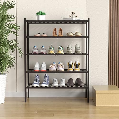 ROMGUAR CRAFT 5 Tier Bamboo Shoe Rack for Closet Free Standing Wood Shoe Shelf for Entryway Small Space Stackable 27"x11"x33" (Brown) - color: Brown, size: 5 tier