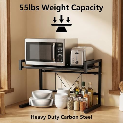 PUSDON Adjustable Carbon Steel Microwave Oven Rack, 2-Tier with 3 Hooks, 55lbs Weight Capacity, Black - color: Matte Black, size: C-frame 2 tier