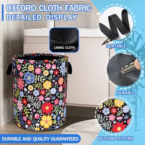 Colorful Folk Flowers Laundry Basket Oxford Cloth Floral Laundry Hamper With Handle Foldable Portable Clothes Storage Basket 18.9 X 16.5 In Storage Bag For Laundry Room/Bathroom/Bedroom/Dormitories - color: Flower