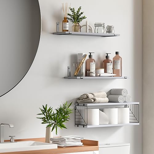 Fixwal 3+1 Tier Bathroom Floating Shelves Over Toilet, 15.8in Farmhouse Rustic Wood Shelves, Wall Decor for Bathroom, Living Room,Bedroom and Kitchen (Gray) - color: Grey