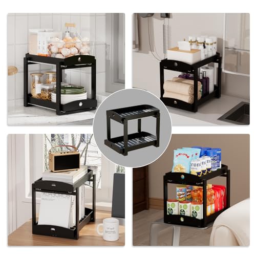 Bamboo Wood Under Sink Organizer 1 Pack, Pull Out Cabinet Organizer 2 Tier Under Sink Organizers and Storage with Sliding Drawer Sturdy Easy Assembly for Kitchen Bathroom Undersink (Black, 2 Packs) - color: Black