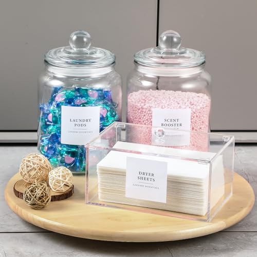 Glass Jars and Dryer Sheet Holder, Dispenser Set with Lids and Labels, Containers for Laundry Room Organization and Storage, Half Gallon Airtight Glass jars, Acrylic Storage Box for Laundry supplies, - color: Clear
