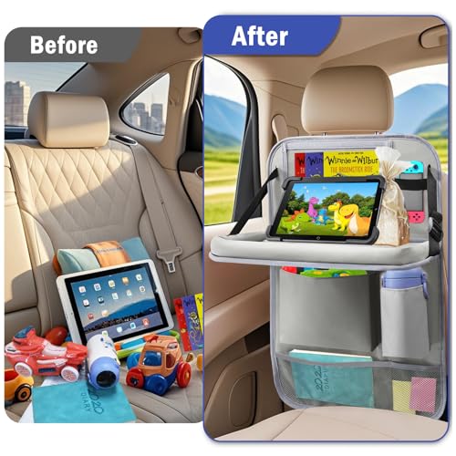Car Backseat Organizer with Tablet Holder,6 Storage Pockets Car Storage Organizer with Foldable Food Tray,Kick Mats Backseat Protector Travel Accessories (Grey) - color: Grey, size: 1 Pack with Food Tray