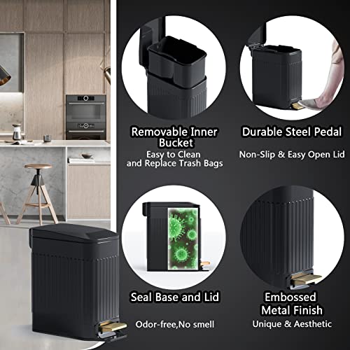Small Bathroom Trash Can with Lid Soft Close-6L/1.6 Gal Slim Step Garbage Can-Metal Pedal Wastebasket-Narrow Rectangle Garbage Container Bin for Corner Office, Bedroom, Toilet, Live Room-Black - color: Embossed-Black