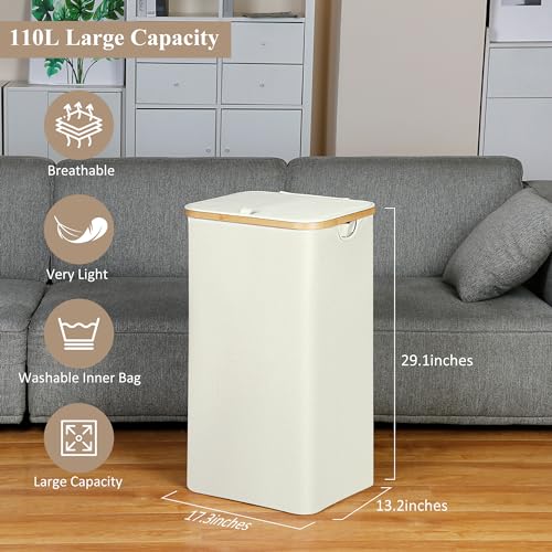 iEGrow Laundry Basket with Lid, 110L Large Laundry Hamper with Handle and Lid, Collapsible Clothes Basket Organizer with Removable Inner Bag for Clothes Toys Towels - Beige - color: Beige, size: 110L