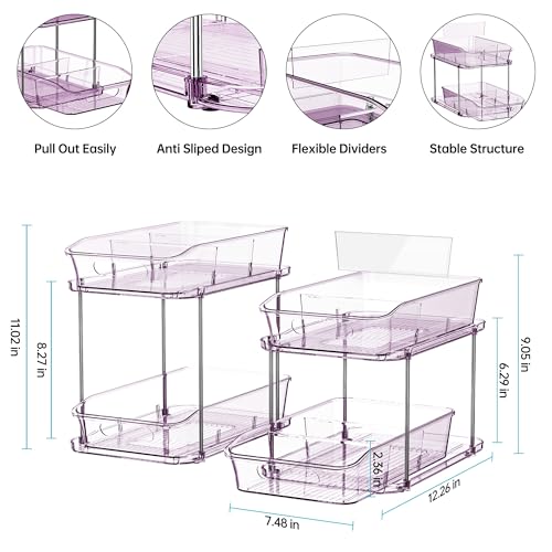 Delamu 2-Tier Under Sink Organizers and Storage, Multi-Purpose Stackable Bathroom Cabinet organizers, Pull Out Kitchen Pantry Organization and Storage with Dividers(2 Pack, Purple) - color: Purple, size: 2 Pack