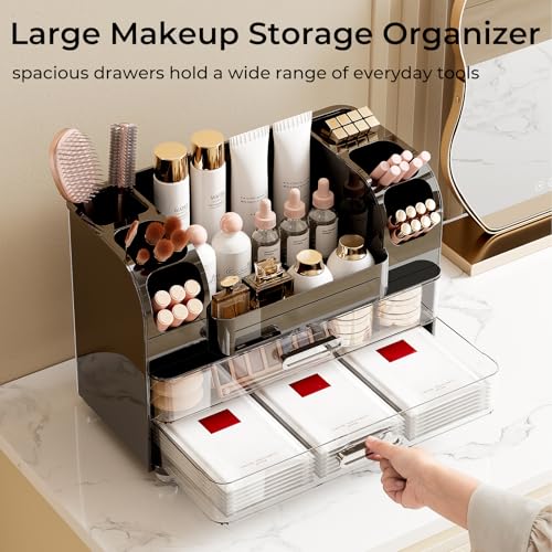 Makeup Organizer for Vanity with 2 Large Drawers, Cosmetic Display Case with Brush Holders, Easy to Storage for Bathroom Countertop Skincare, Perfume, Black - color: Black