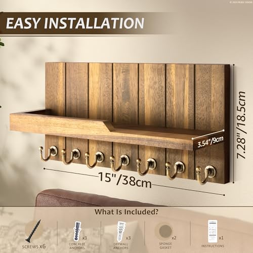 Rebee Vision Acacia Wood Key Holder Wall Mount for Home Decor - Key Holder for Wall with Floating Shelf for Hanging Coats & Hats - to Elevate Farmhouse Decor (Acacia Wood, 3.54''×15''×7.28'') - color: Acacia Wood, size: 15-inch