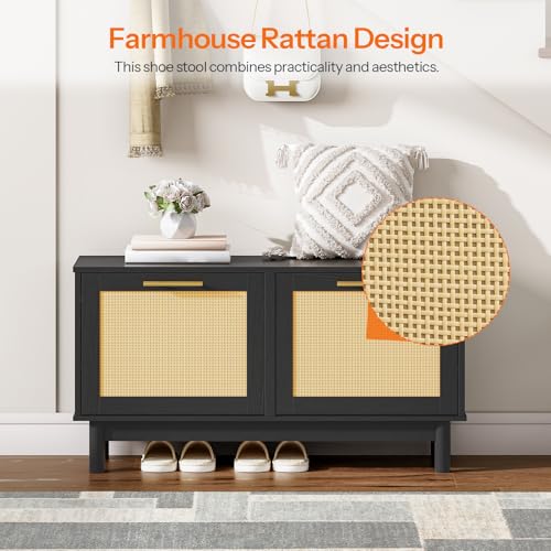 HOOBRO Rattan Shoe Storage Bench with Double Flip Drawers, Narrow Shoe Storage Organizer for Entryway, 11.8" D x 39.4" W x 20.9" H, Hidden Space Saving Wooden Shoe Cabinet for Hallway, Black BN51HX01 - color: Black