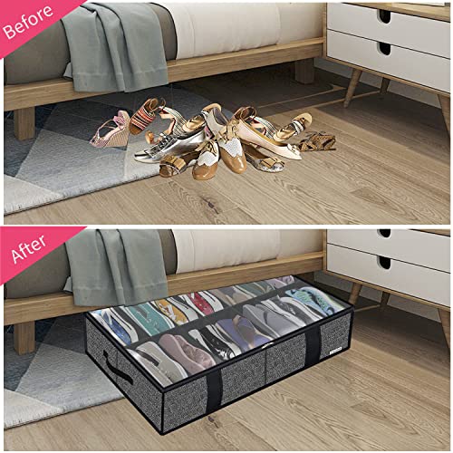 Onlyeasy 2 Pack Under Bed Shoe Storage Organizers with Handles & Clear window (Fit 14 +14 Pairs), Sturdy Underbed Box Organizer Shoe Storage Bags for Kids & Adults, Linen-like Black, MXAUBS14S14 - color: 2 Shoes (14+14 Cells) Linen-like Black
