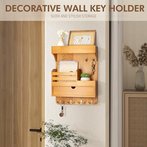 Modern Farmhouse Key Holder Wall Mount with Drawer Organizer – Pine Wooden Mail and Key Organizer with 6 Durable Hooks & Floating Wall Shelf – Ideal for Brightening Up Your Home Decor (Light Brown) - color: Light Brown, style: Large Drawer