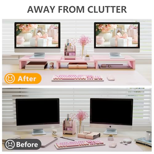 TAVR Dual Monitor Stand Riser, Computer Monitor Stands for 2 Monitors, Extra Long Multifunctional Desktop Organizer Riser for Computer, Laptop, PC, Printer, TV, Max 43.3" Length, Pink - color: Pink