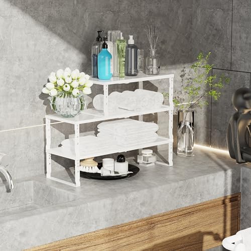 Jojocross Expandable Stackable Spice Rack Organizer for Kitchen Cabinet,Adjustable Counter Shelf, countertop, Pantry,Cupboard,Bathroom,Bedroom(2Packs/White/Large) - color: 2 Packs/White, size: LARGE:10.2"D x 16.7~26.6"W x 6.1"/7.5"H