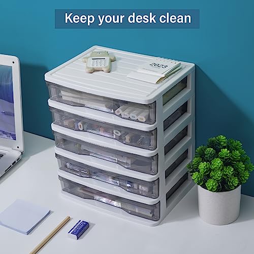 Charmewooden Plastic Drawers 5 Layer Desktop Storage, Small Organizer Box Storage Container Case, Desktop Organizer with Clear Drawers for Home, Office, Stationery, Jewelry and Cosmetics