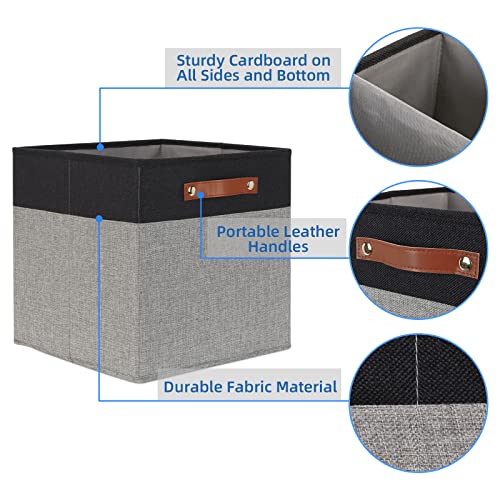 Temary 13 x 13 Storage Cubes Foldable Storage Cubes 4 Pack Canvas Storage Bin for Home, Square Storage Baskets with Leather Handles (Black&Grey) - color: Black&Grey, size: 13×13×13