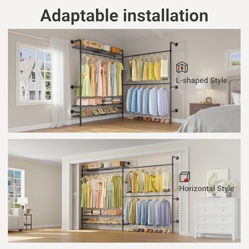 Timate F2 Pro Expandable Wall Mounted Clothes Rack Industrial Pipe Clothing Rack for Hanging Clothes, Heavy Duty Clothes Rack with Shelves, Garment Rack Wall Closet System, Black Pipe Closet Kit - color: Black, style: Timate F2 Pro