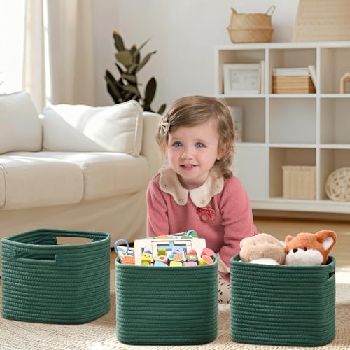 3 Pack Cube Storage Bin, 9”x9”x7” Cotton Rope Woven Baskets for Organizing Toys Clothes Towels, Square Gift Storage Baskets for Shelves, Nursery, Closet, Bathroom, Pantry (Green) - color: Green, size: 9" x 9" x 7"