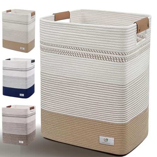 Large Laundry Hamper Basket, 85L Cotton Rope Woven Storage Bin for Blankets, Dirty Clothes Toys, Decorative Tall Basket with Leather Handles for Living Room, Bedroom, Bathroom, Nursery, Jute - color: Jute & White, size: 85L