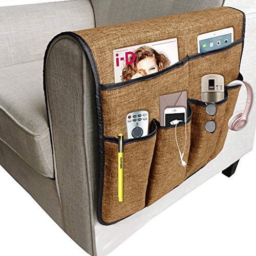 Sofa Armrest Storage Bag, Armchair Side Caddy Hanging Pouch Organizer, 14-Pocket Waterproof Durable Storage Bag, Suitable for Tablets, Phones, Books, Magazine, TV Remote Control (1#Coffee) - color: 1#Coffee
