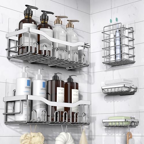 EUDELE 5-Pack Rustproof Stainless Steel Shower Caddy – No Drill Adhesive Bathroom Organizer with Large Capacity, Spacious Shower Shelves for Inside Shower, Kitchen & Home Decor Storage-XL Size - color: Silver