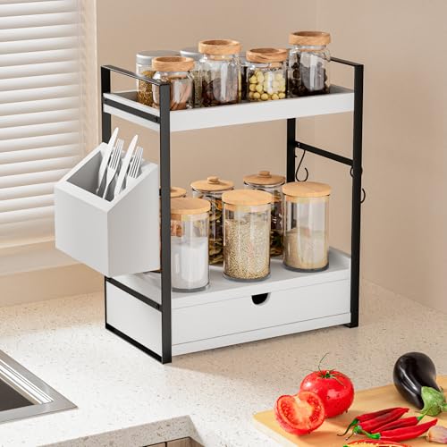 2-Tier Bathroom Counter Organizer with Drawer and Basket, Wood Countertop Organizer for Storage, Skincare Organizers for Vanity, Counter Shelf for Bathroom Organization,White - color: White