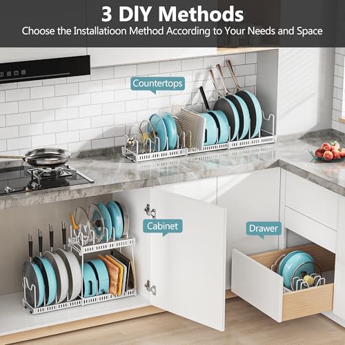 3-Pack Pots and Pans Organizer for Under Cabinet, 2Tier 14 Dividers 3 DIY Method Expandable Easy Install, Kitchen Pot Pan Lid Rack Storage Holder Organizers Inside Cabinet, White - color: White