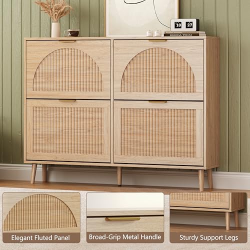 BORNOON Shoe Cabinet for Entryway with 4 Flip Drawers, Slim Wooden Shoe Storage Organizer with Modern Fluted Pannel，Freestanding Narrow Hidden Shoe Rack for Hallway, Foyer, Living Room - color: Oak, size: 4 Flip Drawers