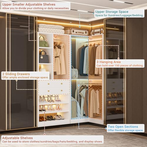 Besiost Corner Closet System with 2 Drawers, 3 Hanging Rods, 59.5" * 31.5" Closet Organizer System with Corner Tower, Reversible L Shaped Walk-in Closet System, Corner Closet System Set of 2, White - color: White, size: 59.5" * 31.5"