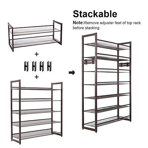 SONGMICS Shoe Rack, 5-Tier Shoe Organizer, Metal Shoe Storage for Garage, Stackable Shoe Shelf, with Adjustable Flat or Angled Shelves, 20-25 Pairs, Bronze ULMR05A - color: Bronze, size: 5 Tiers (36.4''W)