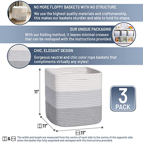NaturalCozy Storage Cubes 11 Inch Cotton Rope Woven Baskets for Organizing, 3-Pack | Cube Storage Bin | Square Storage Baskets for Shelves Organizer, Classroom, Kids Toy Bins, Closet, Baby Nursery - color: 3-Tone Gray