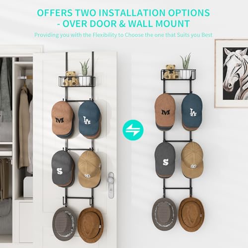 HapiRm Over Door Hat Rack - Wall Mounted Hat Organizer with 6 Hooks and Metal Basket Design, Baseball Cap Organizer Storage Holder Up to 32 Caps for Door, Bedroom, Closet (Black) - color: Black, size: 1 Pack