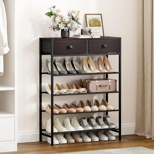 Shoe Rack, 5 Tier Shoe Organizer with 2 Drawers, Metal Shoe Storage for 16-20 Pairs of Shoes with Fabric Shelves and Wooden Top, Narrow Shoe Shelf for Closet Entryway Dark Brown - color: Dark Brown, size: 5 Tier(27.6 × 10.8 × 37.8)
