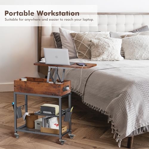 Colima Lift-Top Side Table with Charging Station - Mobile End Table with USB Ports & AC Outlets, Hidden Storage, Wheels - Rustic Wood Nightstand for Living Room, Bedroom, Office - color: Rustic Brown-new