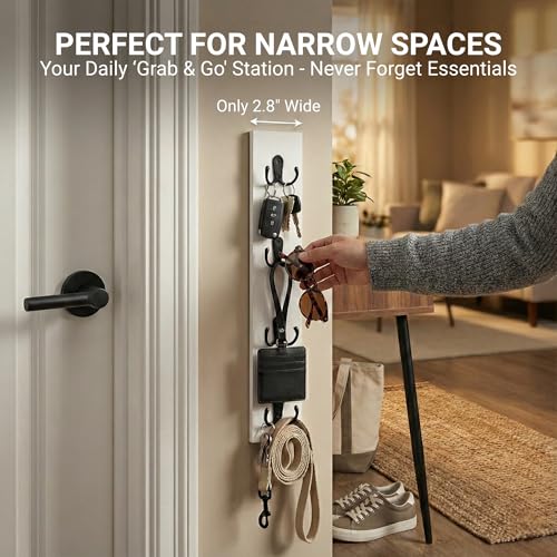 Vertical Key Holder for Wall & Dog Leash Holder – Solid Wood Wall Mount Key Rack with 8 Hooks – Small Space Saving Entryway Organizer for Keys, Lanyards, Masks (Adhesive or Screws) (White) - color: A-White