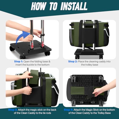 Large Rolling Cleaning Caddy Bag with Detachable Trolley, Full Support Plates for Professional Cleaning Supplies Bag, Organizer Bag with 4 Universal Wheels for Housekeepers, Car Wash (Green) - color: Green